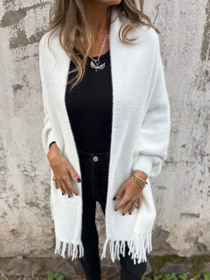 Abrigo de mujer de manga larga con flecos, estilo casual
