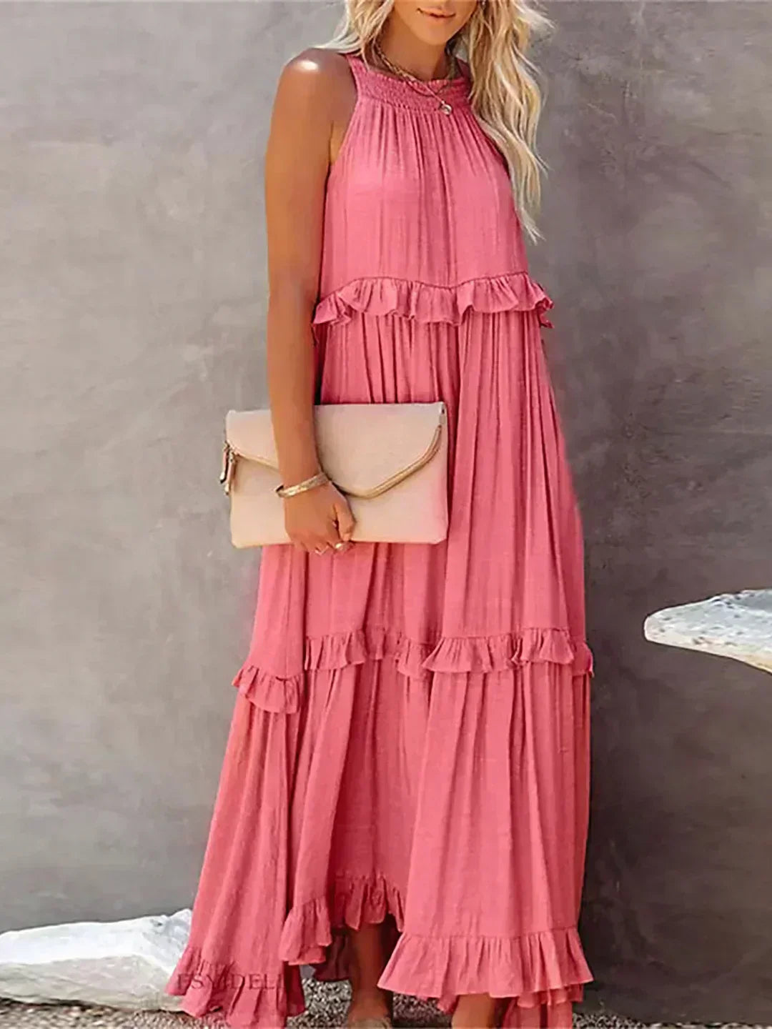 ANETA | Elegancka sukienka bez rękawów z falbankami